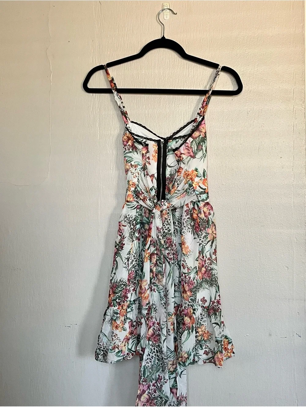 2000s Forever 21 floral leopard print mini dress with tie up strings whimsy goth